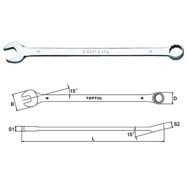 Kunci Extra Long Combination Wrench 15° Offset 16mm TopTul AAAL1616