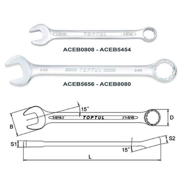 Kunci Kombinasi Standard Combination Wrench 15 Deg Offset SAE 1-1/8 inch Toptul ACEB3636