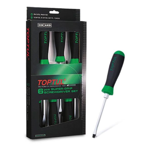 Obeng Slotted & Phillips Super-Grip Screwdriver Set (Hexagon Steel & Driver) 6pcs Toptul GAAE0608