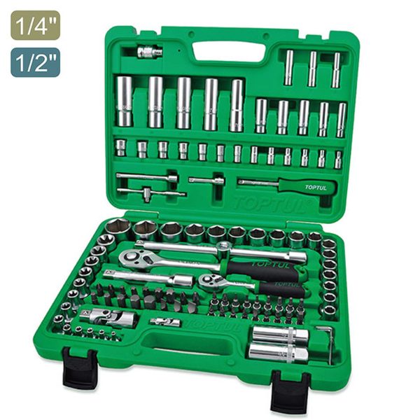 Kunci Sock Professional Grade Flank Socket Set 1/4"&1/2" DR. 6PT 108pcs Toptul GCAI108R