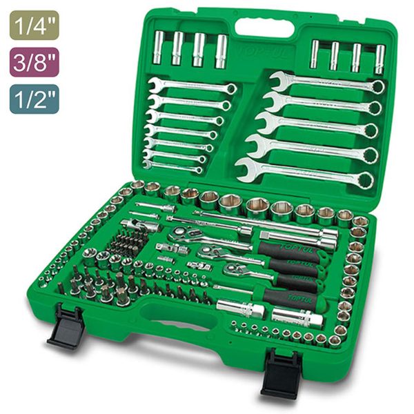 Kunci Sock Professional Grade Flank Socket Wrench Set Metric & SAE 1/4", 3/8"&1/2" 6PT 130pcs Toptul GCAI130B