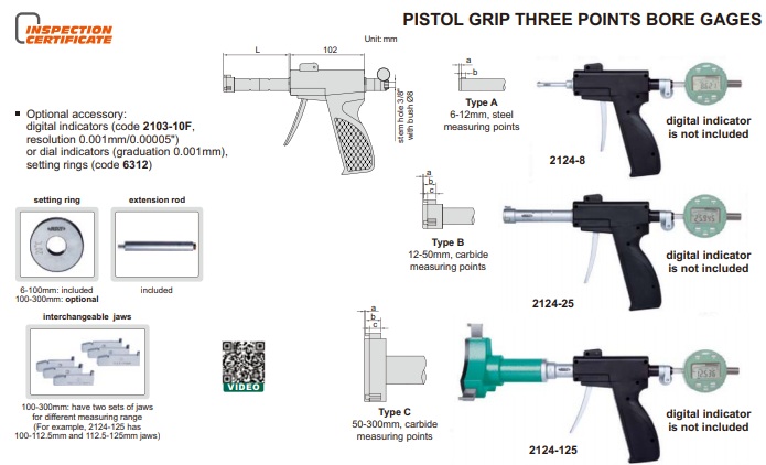 PISTOL GRIP THREE POINTS BORE GAGE (w/ setting ring, electronic indicators are not included) 50-63mm INSIZE 2124-63