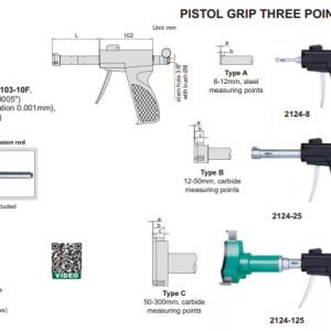 PISTOL GRIP THREE POINTS BORE GAGE (w/ setting rings, electronic indicators are not included) 50-100mm INSIZE 2124-S1004