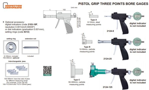 PISTOL GRIP THREE POINTS BORE GAGE (w/ setting rings, electronic indicators are not included) 50-100mm INSIZE 2124-S1004