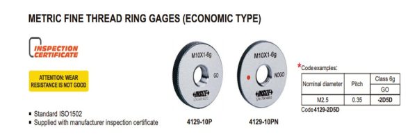 Kaliber Fine Thread Ring Gage, 6g, No Go, ISO 1502 M11x0.5 Insize 4129-11GN