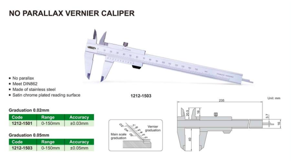 Jangka Sorong No Paralax Vernier Caliper 0.02mm Insize 1212-1501