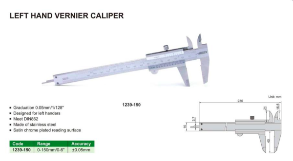 Jangka Sorong Left Hand Vernier Caliper 0-150mm/0-6" Insize 1239-150