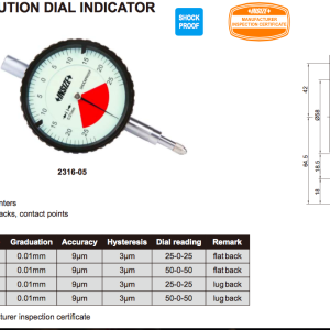 One Revolution Dial Indicator Range 1mm, lug back Insize 2316-1